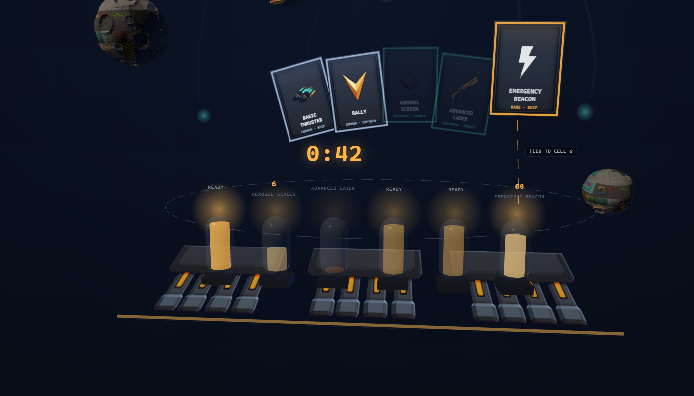 A still from the drydock diorama: a fanned hand of five rarity-framed cards above six capacitor cells, the big play counting down